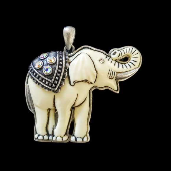 Plastic Faux Ivory Elephant Pendant With Rhinestones On A Sterling Silver Bezel - Picture 9 of 12